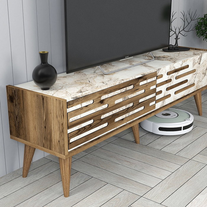Hanah Home Valensiya 140 Mueble de TV 140cm Nogal, Blanco y Mármol